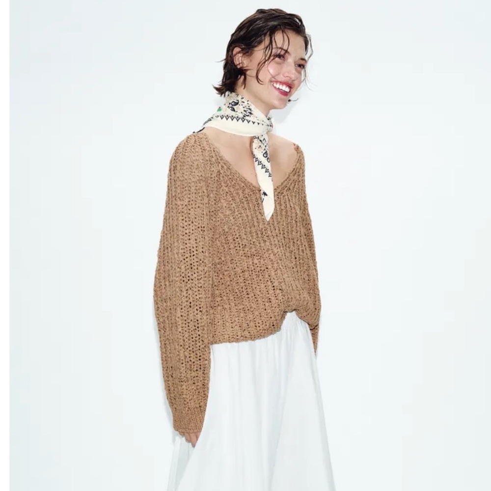 NWT Zara Light Camel Intertwined Ribbon Knit Jumper Open Mesh Sweater Womens L